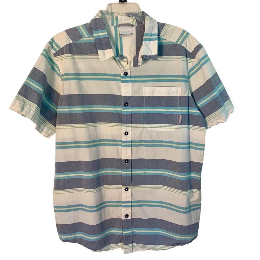 Columbia AM9131 Mens Large Striped Short Sleeve Button Up Shirt Cotton Casual